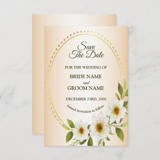 Wedding Rustic Golden Frame White Floral Peach Save The Date (Voorkant / Achterkant)