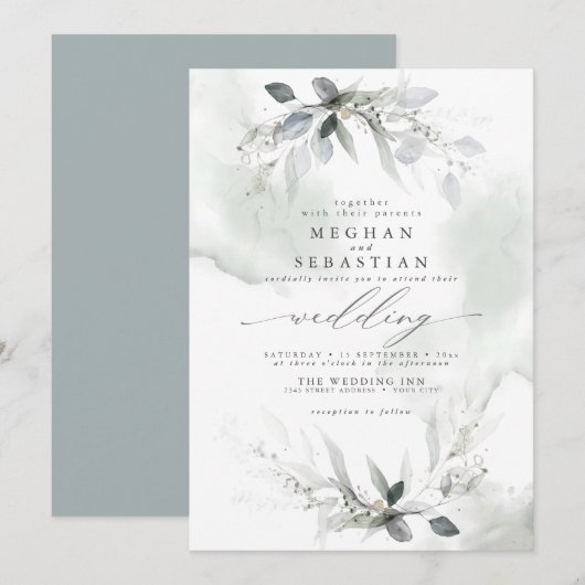 Wedding Rustic Waterverf Greenery Dusty Green Kaart (Voorkant / Achterkant)