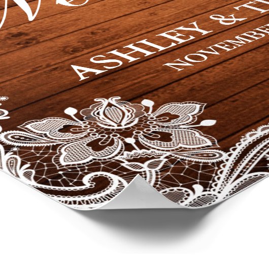 Wedding Rustic Wood Lace Burgundy Blue Floral Poster (Hoek)