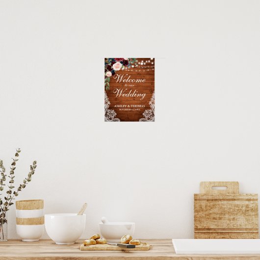 Wedding Rustic Wood Lace Burgundy Blue Floral Poster (Keuken)