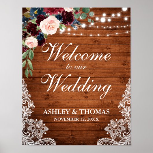 Wedding Rustic Wood Lace Burgundy Blue Floral Poster (Voorkant)