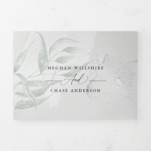 Wedding Sage Eucalyptus Gray Waterverf Tri-Fold Drieluik Uitnodiging (Cover)