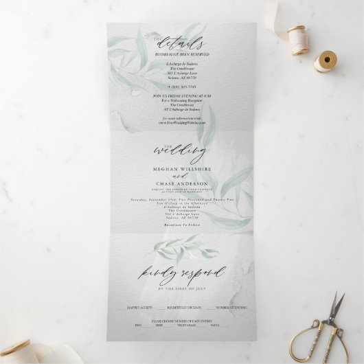 Wedding Sage Eucalyptus Gray Waterverf Tri-Fold Drieluik Uitnodiging (Binnen)