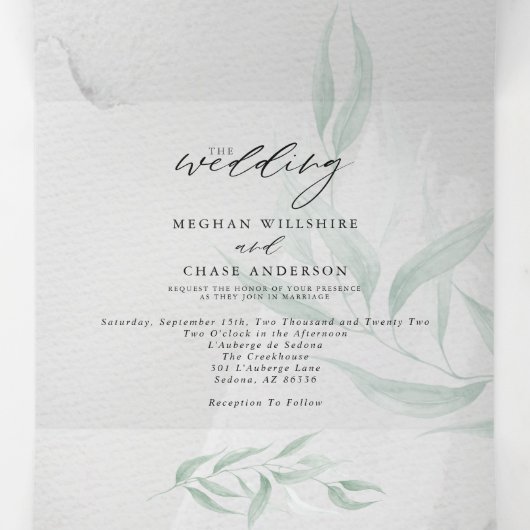 Wedding Sage Eucalyptus Gray Waterverf Tri-Fold Drieluik Uitnodiging (Binnenkant midden)