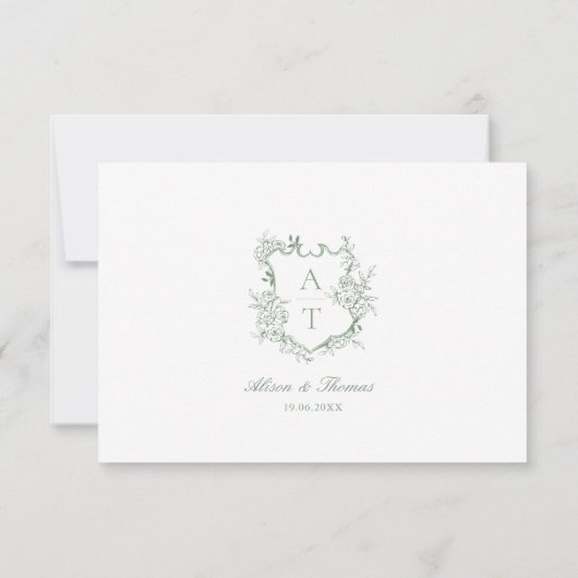 Wedding Sage Green Crest Monogram Details Kaart (Achterkant)