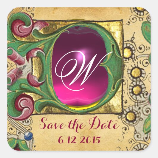 WEDDING SAVE DATE FLORAL PARCHMENT GEM MONOGRAM VIERKANTE STICKER (Voorkant)