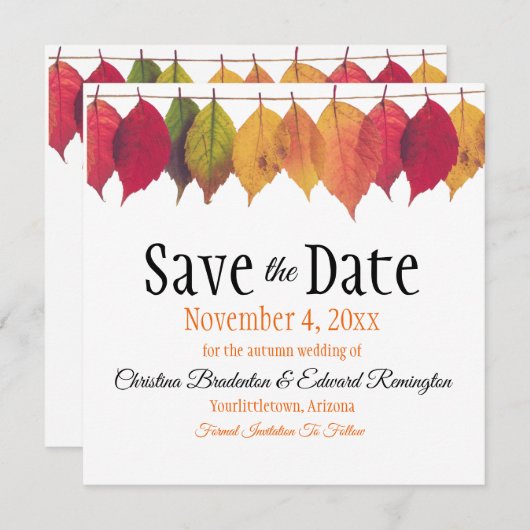 Wedding Save The Date Autumn Leaves On String Aankondiging (Voorkant / Achterkant)