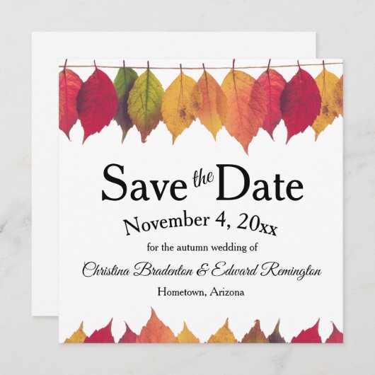 Wedding Save The Date Autumn Leaves On String Aankondiging (Voorkant / Achterkant)