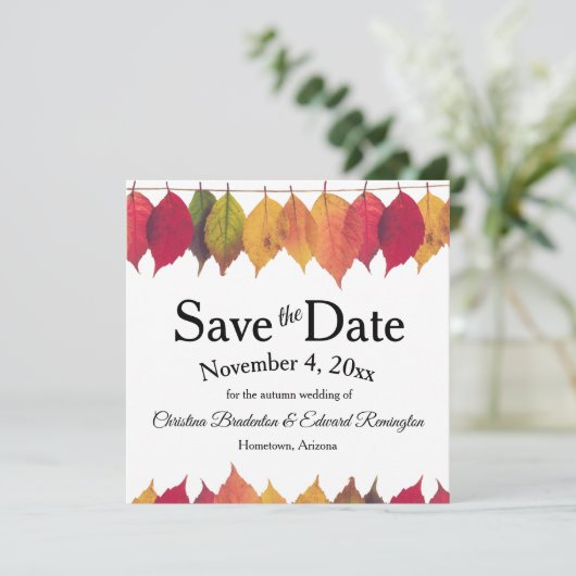 Wedding Save The Date Autumn Leaves On String Aankondiging (Staand voorkant)