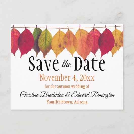 Wedding Save The Date Autumn Leaves On String Aankondigingskaart (Voorkant)