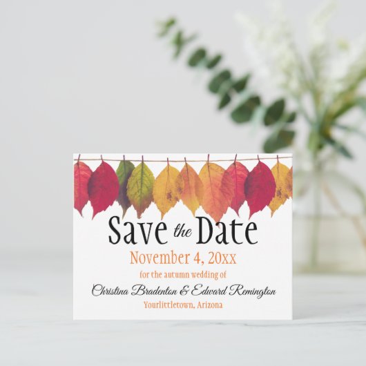 Wedding Save The Date Autumn Leaves On String Aankondigingskaart (Staand voorkant)