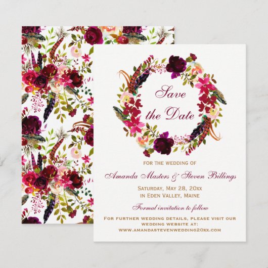Wedding Save the Date - Burgundy Floral, veren Kaart (Voorkant / Achterkant)