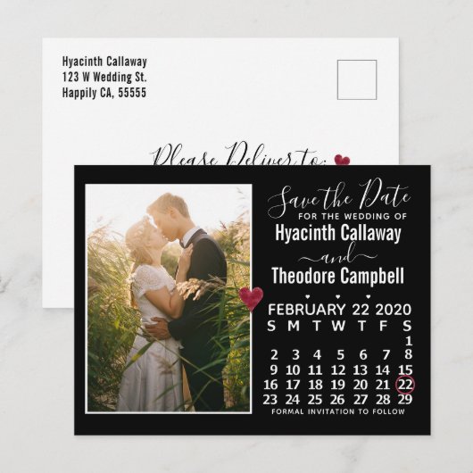 Wedding Save the Date February 2020 Calendar Photo Uitnodiging Briefkaart (Voorkant / Achterkant)