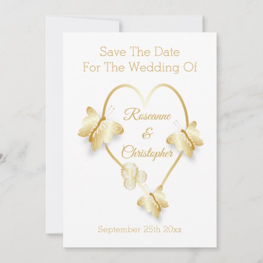 Wedding Save The Date Gold Colour Heart Butterfly (Voorkant)
