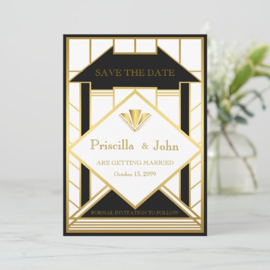 Wedding Save the Date, Great Gatsby, Medallion gol Kaart (Staand voorkant)