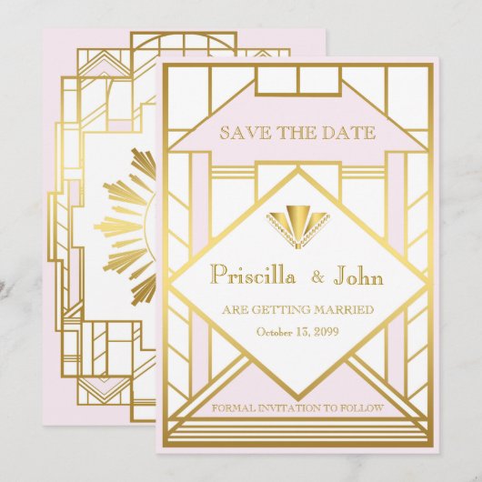 Wedding Save the Date, Great Gatsby, white gold ro Save The Date (Voorkant / Achterkant)