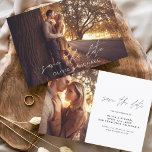 Wedding Save the Date Handwriting Photo Herfst<br><div class="desc">De handgeschreven Bieden van de Begroting sparen de Kaarten van de Datum die een foto op de voor en rug hebben. Sparen de Herfst van de Datum, de Herfst, de Winter, de Lente of de kaarten van de Zomer bevatten een moderne hand geschreven cursieve manuscripttypografie die elegant, eenvoudig en modern...</div>
