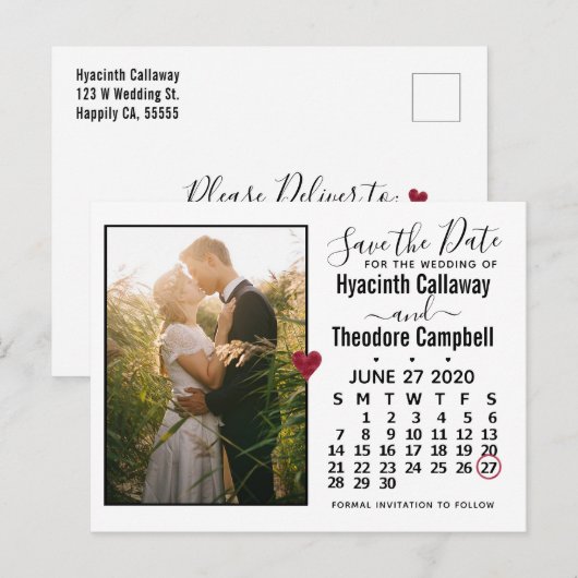 Wedding Save the Date June 2020 Calendar Photo Uitnodiging Briefkaart (Voorkant / Achterkant)
