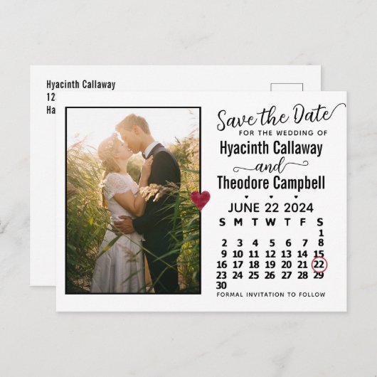 Wedding Save the Date June 2024 Calendar Photo Uitnodiging Briefkaart (Voorkant / Achterkant)
