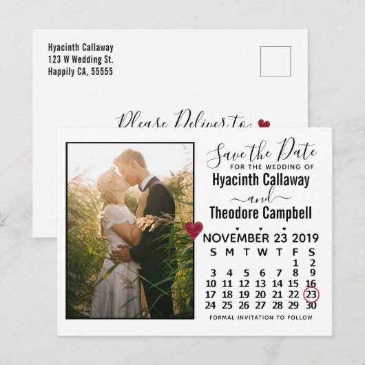 Wedding Save the Date November 2019 Calendar Photo Uitnodiging Briefkaart (Voorkant / Achterkant)