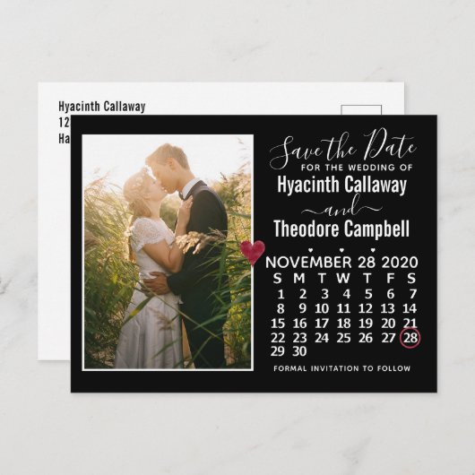 Wedding Save the Date November 2020 Calendar Photo Uitnodiging Briefkaart (Voorkant / Achterkant)