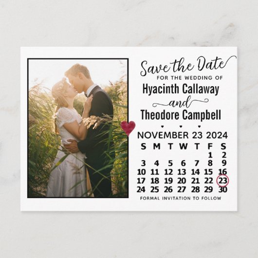Wedding Save the Date November 2024 Calendar Photo Uitnodiging Briefkaart (Voorkant)