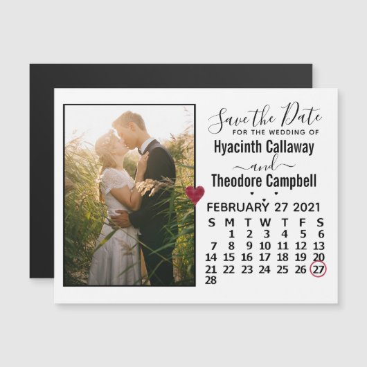 Wedding Save the Date Photo February 2021 Calendar Magnetische Uitnodiging (Voorkant / Achterkant)