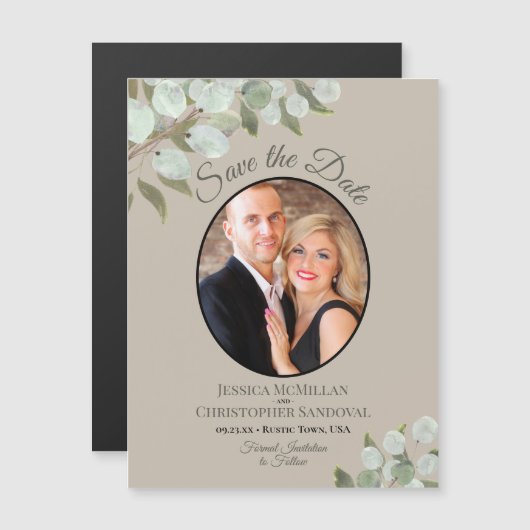 Wedding Save the Date Photo & Greenery Taupe Magnetische Uitnodiging (Voorkant / Achterkant)