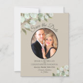 Wedding Save the Date Photo & Greenery Taupe Magnetische Uitnodiging (Voorkant)