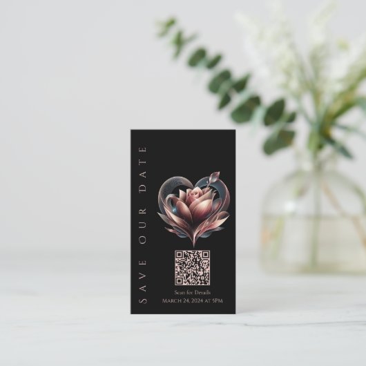 Wedding Save the Date-QR code-Blush Roos Visitekaartje (Staand voorkant)