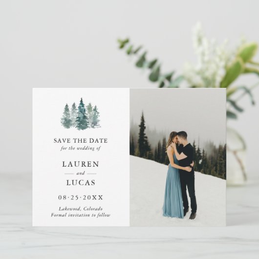Wedding Save the Date Rustic Pine Trees PHOTO (Staand voorkant)
