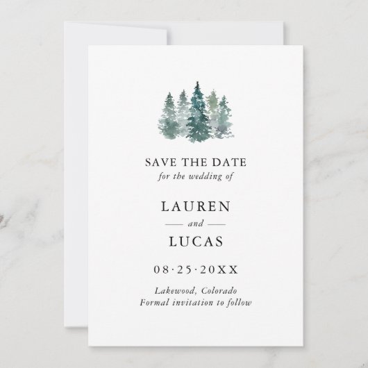 Wedding Save the Date Waterverf Rustic Pine Trees (Voorkant)