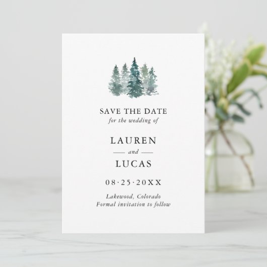 Wedding Save the Date Waterverf Rustic Pine Trees (Staand voorkant)