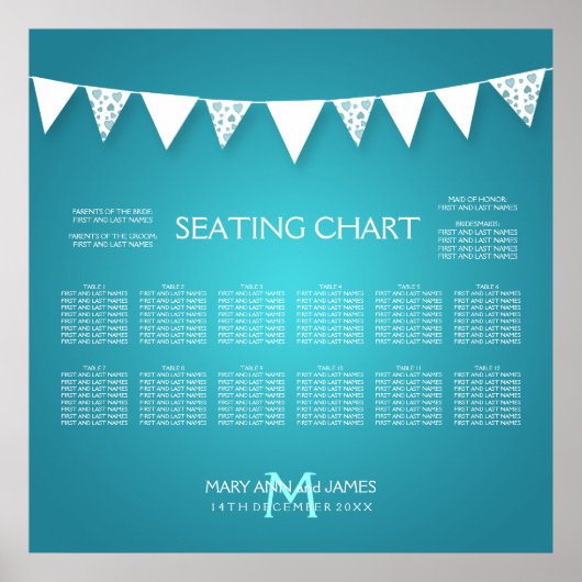 Wedding Seating Chart Love Bunting Turquoise Poster (Voorkant)