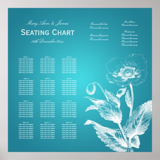 Wedding Seating Chart Poppy Turquoise Poster (Voorkant)