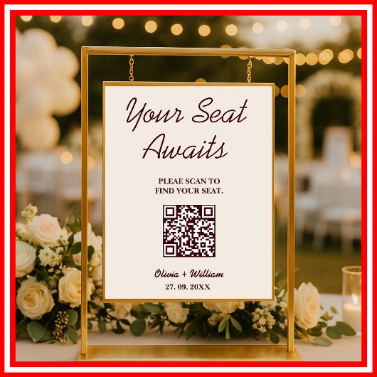 Wedding Seating Chart QR Burgundy & Ivory Rustic Poster