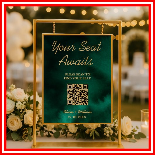 Wedding Seating Chart QR Emerald Green & Gold Sign Poster
