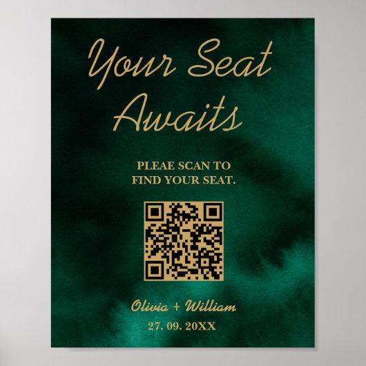 Wedding Seating Chart QR Emerald Green & Gold Sign Poster (Voorkant)