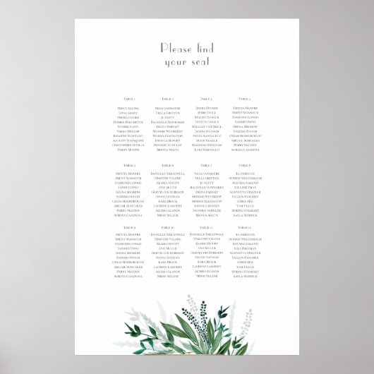Wedding Seating Chart, tabelplan Greenery #1 Poster (Voorkant)