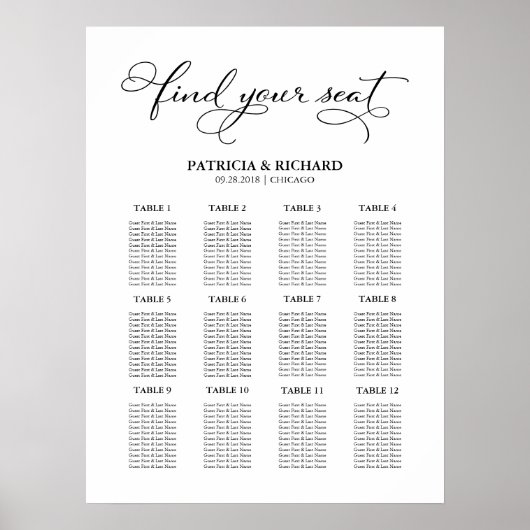 Wedding Seating Plan Board Elegant 12 Tables Poster (Voorkant)