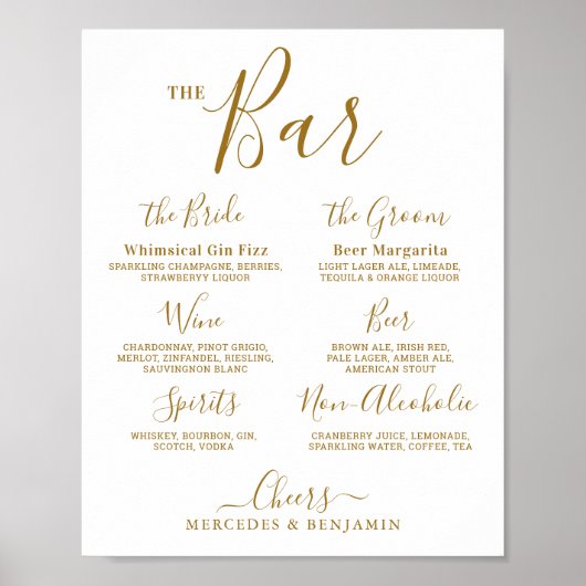 Wedding Signature Drink Personalized Gold Bar Poster