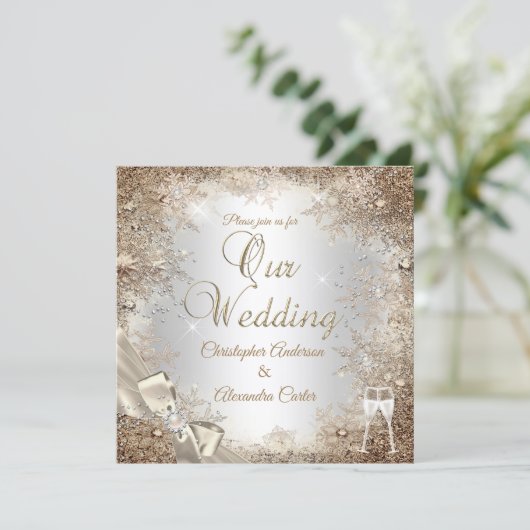 Wedding Silver Beige Cream Pearl Bow Snowflake 2 Kaart (Staand voorkant)