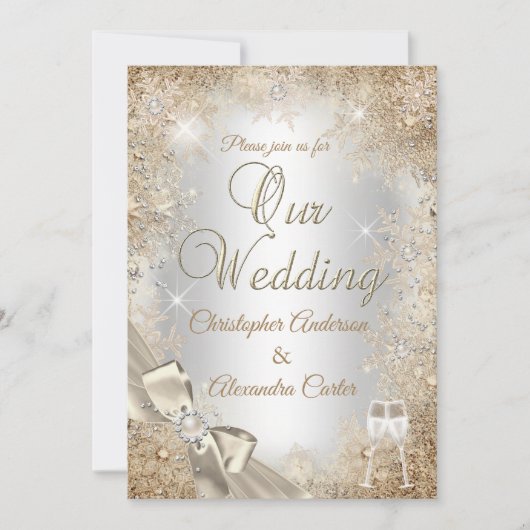 Wedding Silver Beige Cream Pearl Bow Snowflake Kaart