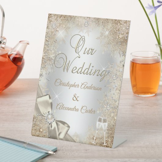 Wedding Silver Beige Cream Pearl Bow Snowflake Reclamebord Met Voetstuk (Insitu)