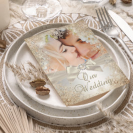Wedding Silver Beige Cream Pearl Snowflake Photo Kaart