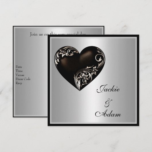 Wedding Silver Floral Black Heart Modern Kaart (Voorkant / Achterkant)