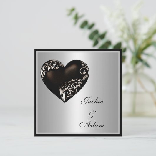Wedding Silver Floral Black Heart Modern Kaart (Staand voorkant)