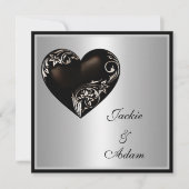 Wedding Silver Floral Black Heart Modern Kaart (Voorkant)