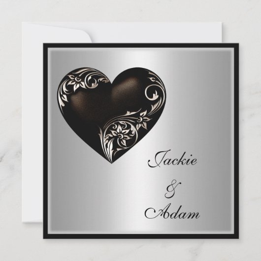 Wedding Silver Floral Black Heart Modern Kaart (Voorkant)