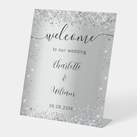 Wedding Silver glitter-naamgevingsscript welkomstw Reclamebord Met Voetstuk (Voorkant)